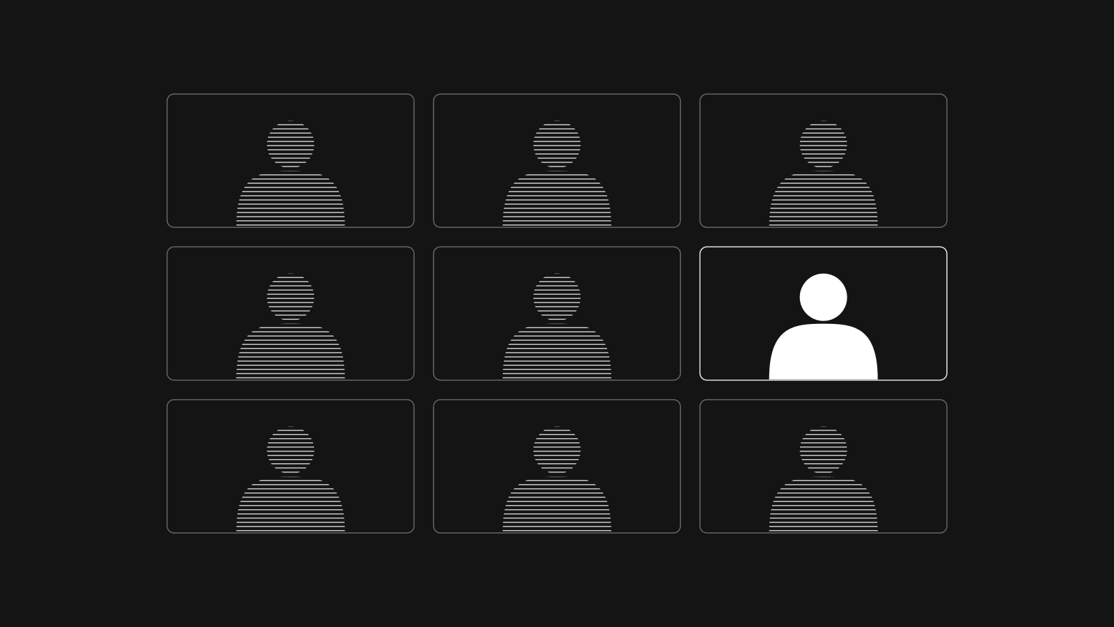 A grid of nine video call tiles on a black background. Eight show the outline of a person. One is filled in.